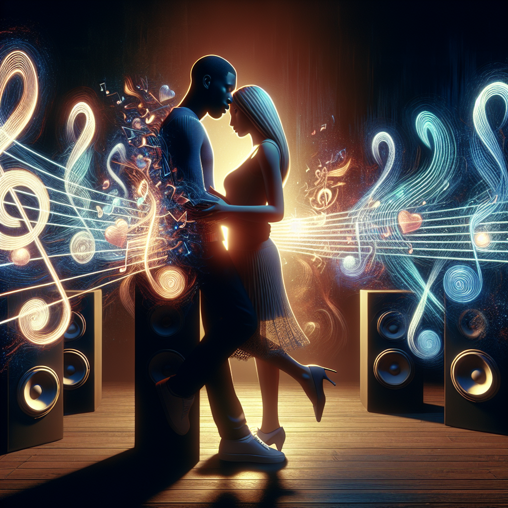 A romantic couple in a dimly lit room, surrounded by soft music notes and speakers; a vibrant depiction of music's influence on intimate settings, with contrasting fast and slow music tempos visually represented.