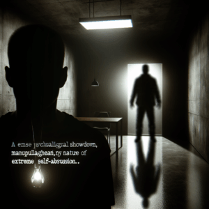 A psychological confrontation with a shadowy figure, illustrating emotional manipulation, in a dimly lit room, symbolizing the dark and manipulative nature of narcissism.