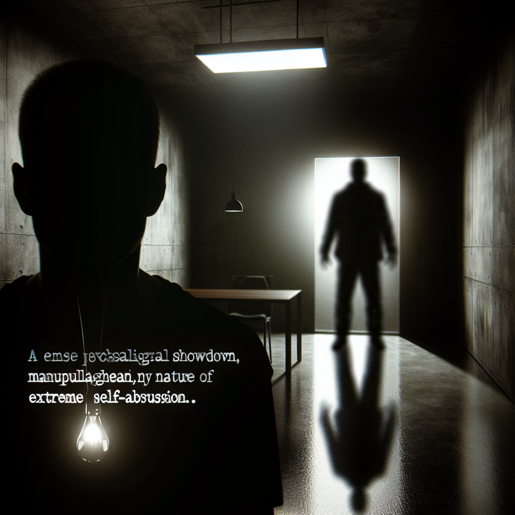 A psychological confrontation with a shadowy figure, illustrating emotional manipulation, in a dimly lit room, symbolizing the dark and manipulative nature of narcissism.