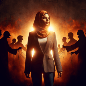 A dramatic and intense scene showing a person confidently standing against a backdrop of swirling, dark shadowy figures symbolizing narcissistic manipulation. The person is illuminated by a warm, empowering light, representing self-awareness and resilience.