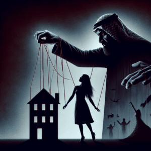 An abstract representation of a confrontation between a shadowy figure symbolizing a manipulative narcissist, with a person standing firm, light and confident, symbolizing awareness and resilience.