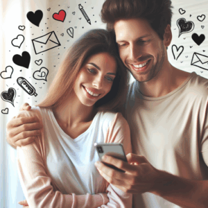 Un couple moderne, jeune homme souriant avec son téléphone, entouré de petites illustrations symbolisant la pensée, cœur et messages, ambiance douce et romantique, lumière naturelle