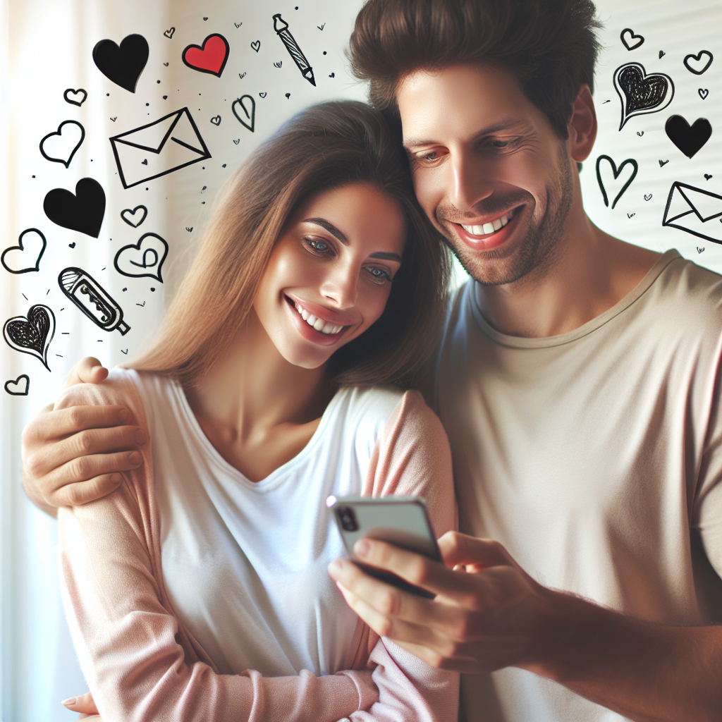 Un couple moderne, jeune homme souriant avec son téléphone, entouré de petites illustrations symbolisant la pensée, cœur et messages, ambiance douce et romantique, lumière naturelle