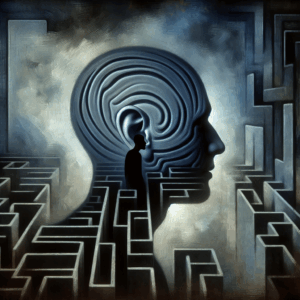 A psychological illustration depicting a shadowy figure whispering into someone's ear, symbolizing manipulation and control, with a maze-like background representing confusion and entrapment.
