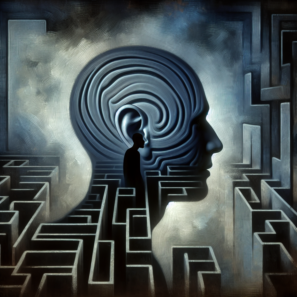 A psychological illustration depicting a shadowy figure whispering into someone's ear, symbolizing manipulation and control, with a maze-like background representing confusion and entrapment.