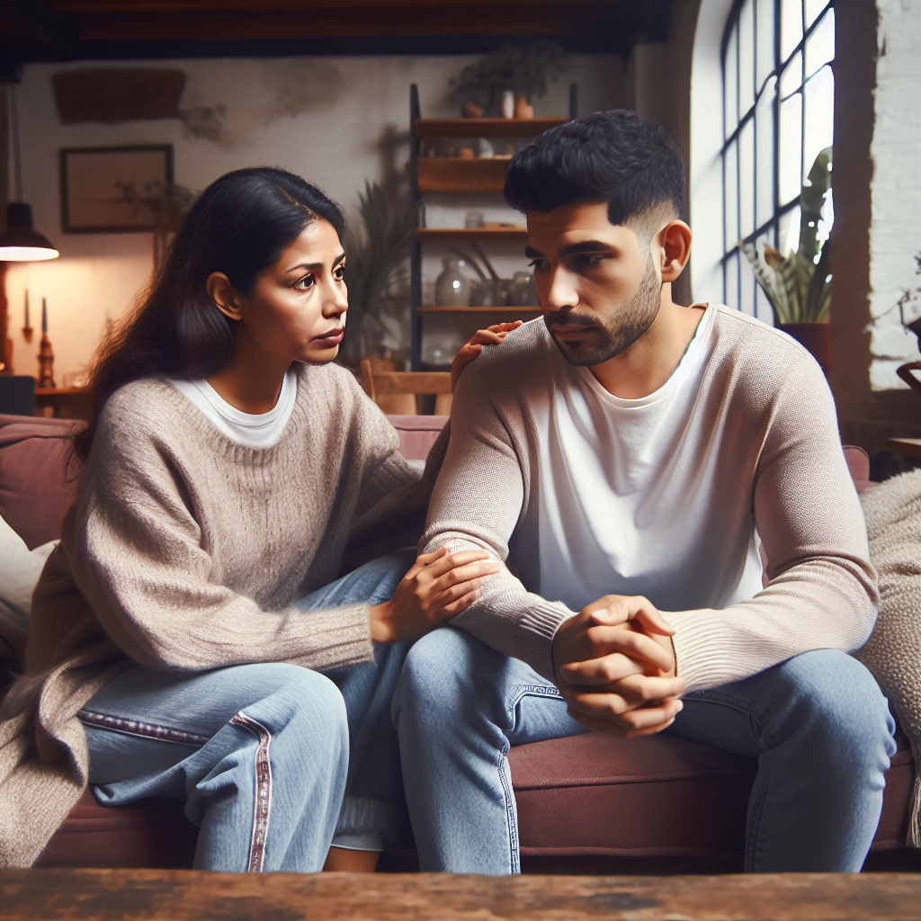 A couple sitting on a couch, with the woman calmly explaining something to a visibly anxious man, set in a cozy living room. The atmosphere is tense yet intimate, suggesting an important conversation about trust and relationships.