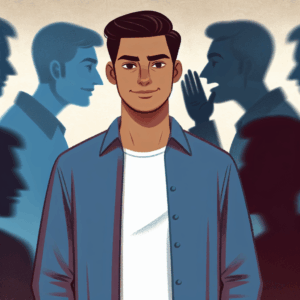 An illustration of a person standing confidently, with blurred shadowy figures whispering behind them, symbolizing verbal manipulation and resilience.