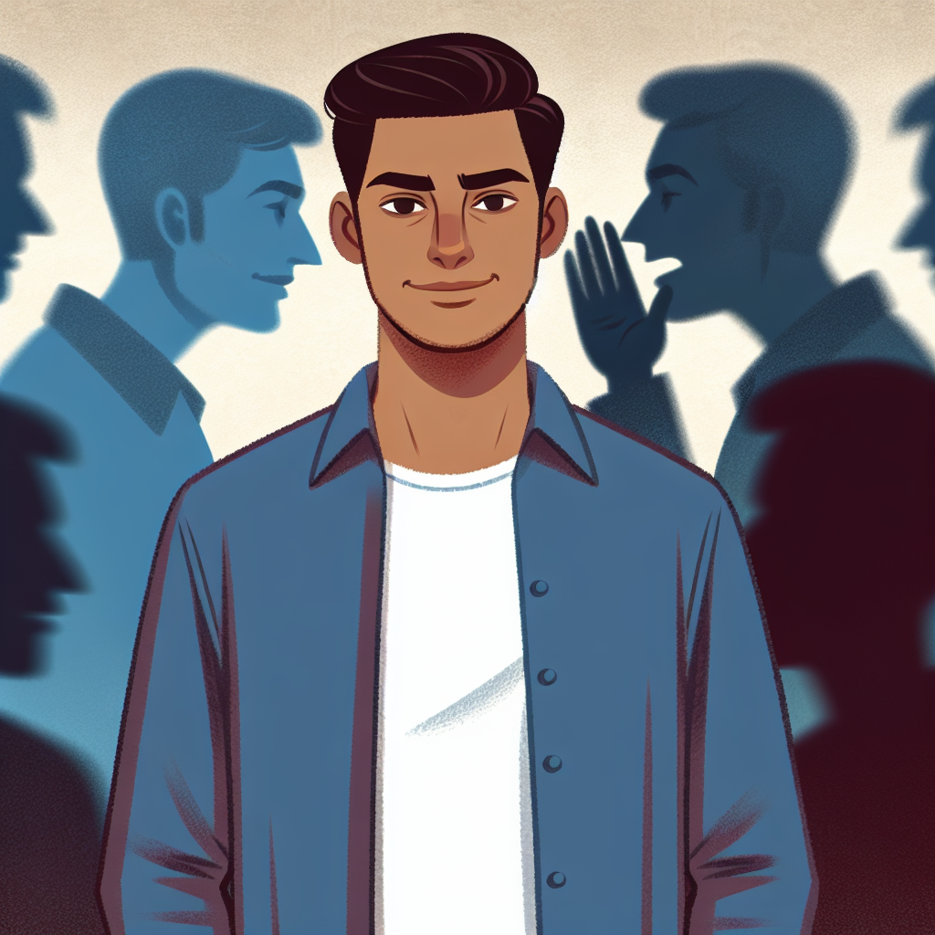 An illustration of a person standing confidently, with blurred shadowy figures whispering behind them, symbolizing verbal manipulation and resilience.