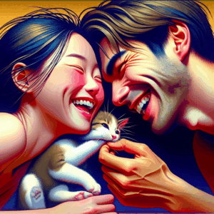 A whimsical, artistic illustration of a couple in an intimate moment, subtly highlighting playfulness and tenderness, with a sense of humor akin to a nuzzling kitten or puppy, drawing inspiration from the concept of love bites.