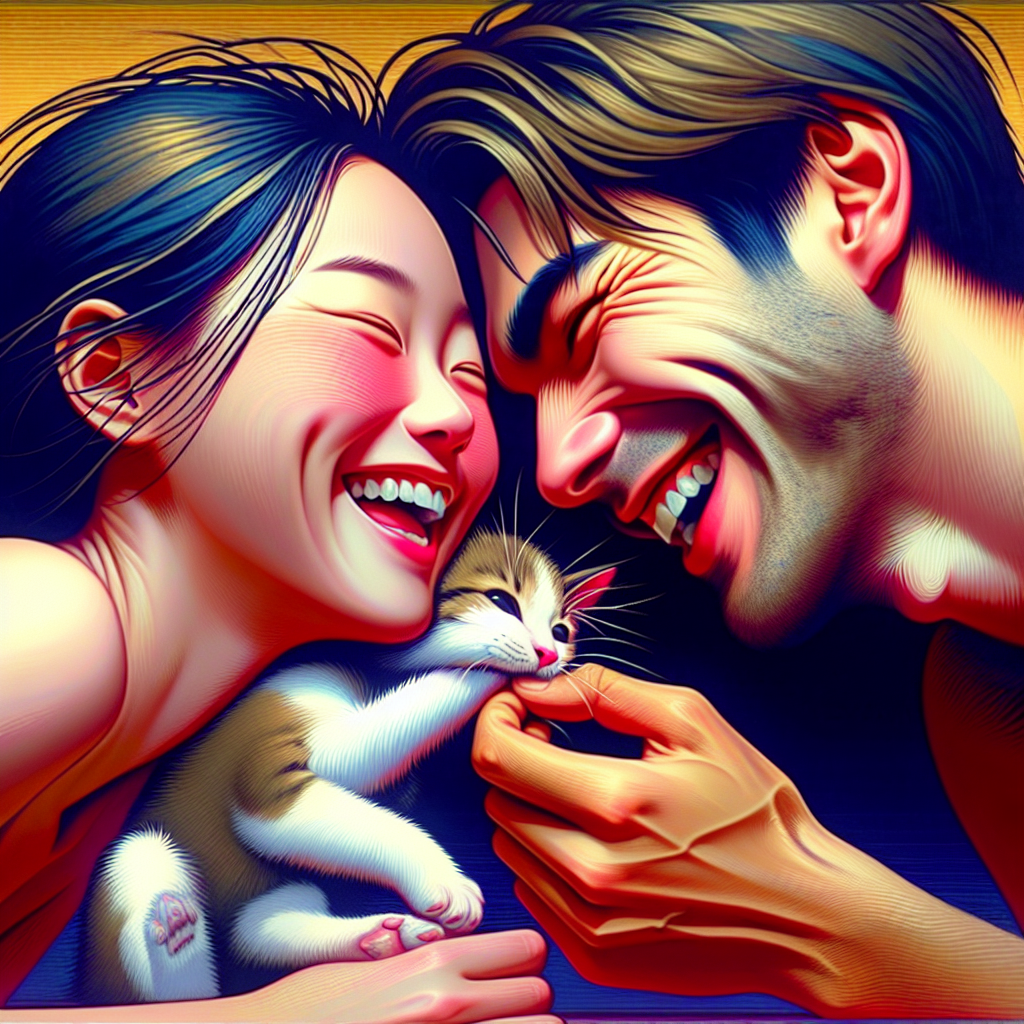A whimsical, artistic illustration of a couple in an intimate moment, subtly highlighting playfulness and tenderness, with a sense of humor akin to a nuzzling kitten or puppy, drawing inspiration from the concept of love bites.