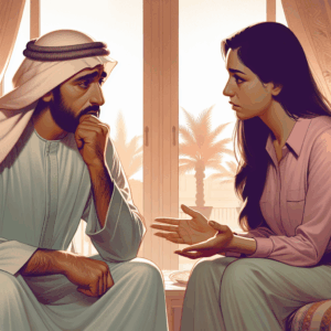 un couple discutant sérieusement dans une pièce chaleureuse et paisible, l'un des partenaires semblant préoccupé tandis que l'autre écoute attentivement, style illustratif réaliste, couleurs douces