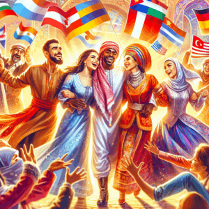 A vibrant and dynamic illustration of a diverse group of people with different ethnic backgrounds, celebrating cultural diversity in a colorful, romantic, and joyful setting. The scene should reflect unity and diversity in love and relationships, with elements representing different nationalities, such as flags or cultural symbols. The atmosphere should be warm, inviting, and celebratory, centered around the theme of international romance.