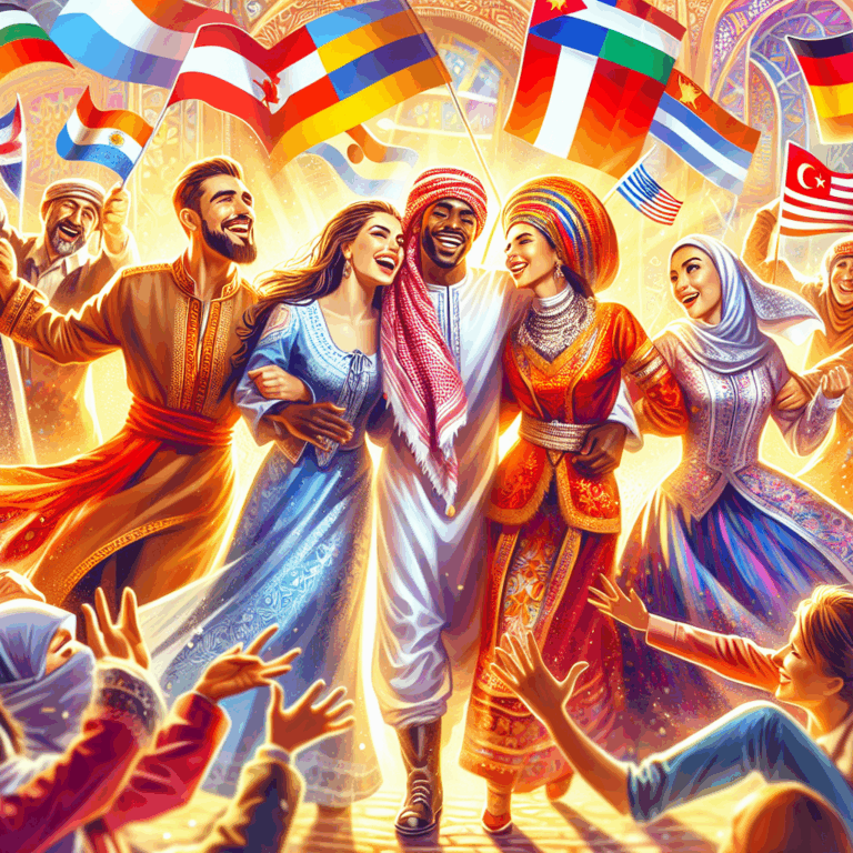 A vibrant and dynamic illustration of a diverse group of people with different ethnic backgrounds, celebrating cultural diversity in a colorful, romantic, and joyful setting. The scene should reflect unity and diversity in love and relationships, with elements representing different nationalities, such as flags or cultural symbols. The atmosphere should be warm, inviting, and celebratory, centered around the theme of international romance.