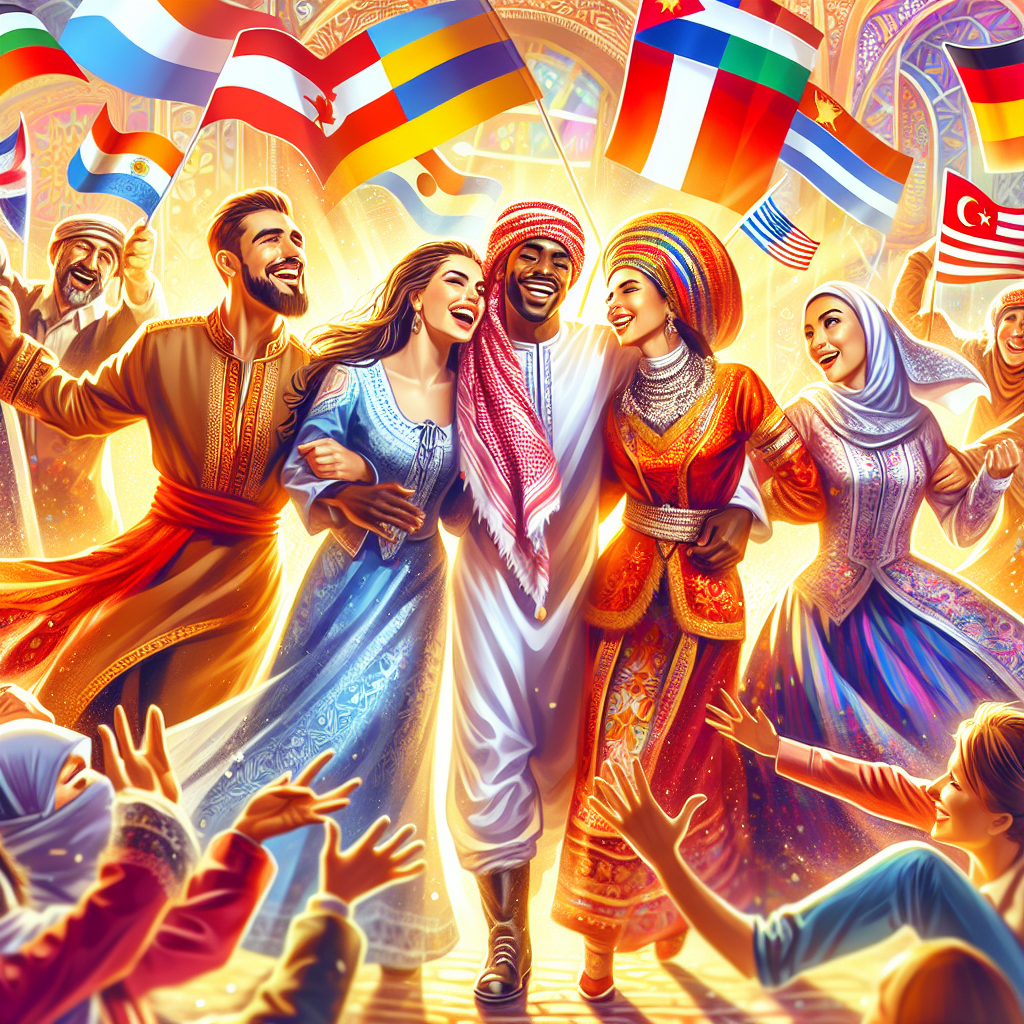 A vibrant and dynamic illustration of a diverse group of people with different ethnic backgrounds, celebrating cultural diversity in a colorful, romantic, and joyful setting. The scene should reflect unity and diversity in love and relationships, with elements representing different nationalities, such as flags or cultural symbols. The atmosphere should be warm, inviting, and celebratory, centered around the theme of international romance.