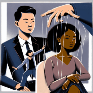 An illustration of a psychological manipulation scene where a man is subtly controlling a woman with strings like a puppet. The woman's expressions shift from confusion to realization, set in a neutral, contemporary setting. The background is abstract to emphasize the psychological aspect rather than a physical environment.