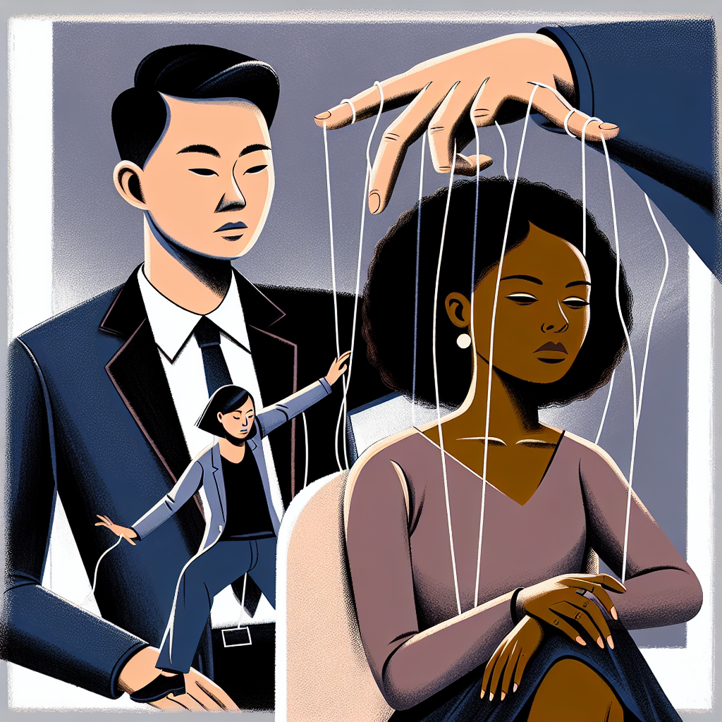An illustration of a psychological manipulation scene where a man is subtly controlling a woman with strings like a puppet. The woman's expressions shift from confusion to realization, set in a neutral, contemporary setting. The background is abstract to emphasize the psychological aspect rather than a physical environment.