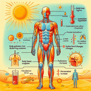 A vibrant and educational illustration representing the concept of "summer penis", showing subtle changes in male anatomy with a warm, summery background. Include elements like sun, heat waves, and anatomical diagrams.