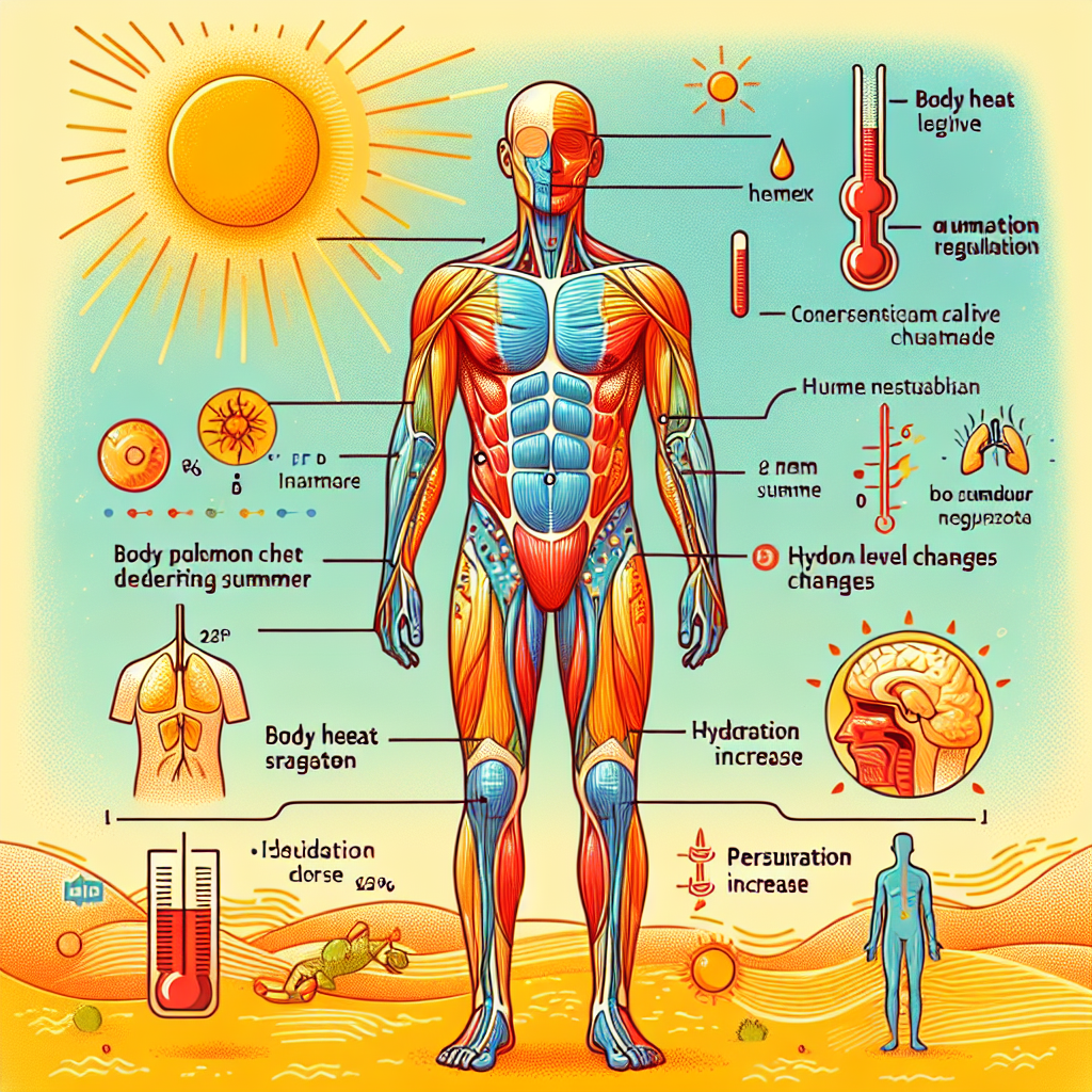 A vibrant and educational illustration representing the concept of "summer penis", showing subtle changes in male anatomy with a warm, summery background. Include elements like sun, heat waves, and anatomical diagrams.