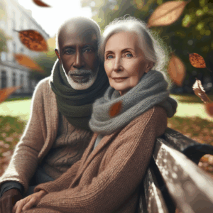 A couple sitting together at a park, looking nostalgic yet hopeful, with subtle signs of time passing around them, symbolizing the passage of years in a relationship.