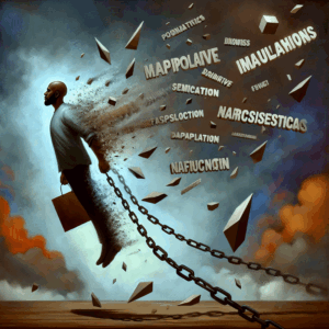 A captivating surreal illustration depicting a person breaking free from the chains of psychological manipulation, with a metaphorical depiction of narcissistic phrases dissolving into the air.