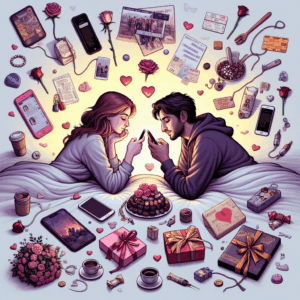 A romantic scene with a couple communicating via text messages, surrounded by thoughtful gestures like surprise gifts and memories, capturing the essence of love and connection.