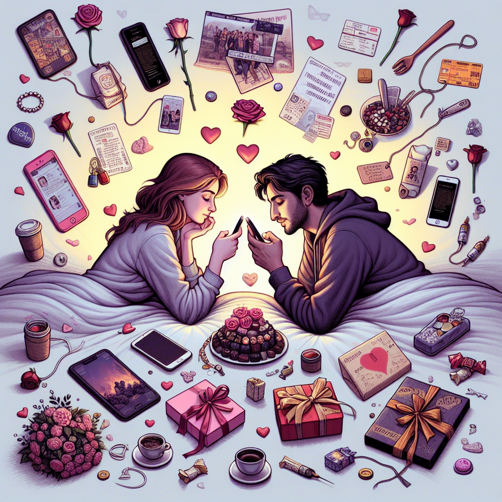 A romantic scene with a couple communicating via text messages, surrounded by thoughtful gestures like surprise gifts and memories, capturing the essence of love and connection.