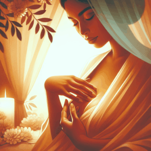 A serene and intimate illustration of a woman's torso, focusing on gentle and affectionate touch of the breasts. The ambiance is sensual and soothing, with soft, warm lighting that suggests a sense of comfort and tenderness, avoiding any explicit imagery.