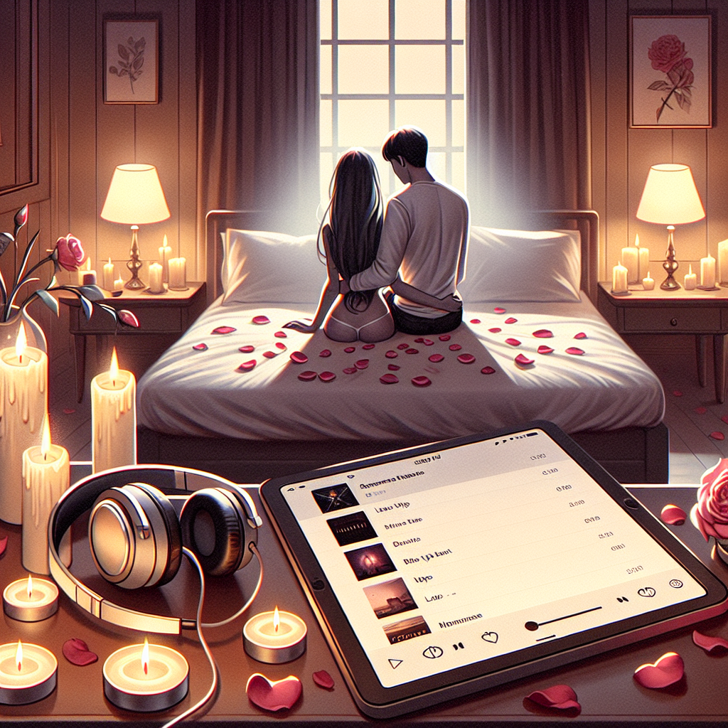 Illustration d'un couple dans une chambre romantique avec une ambiance musicale en arrière-plan, évoquant une playlist de chansons sensuelles et intimes.