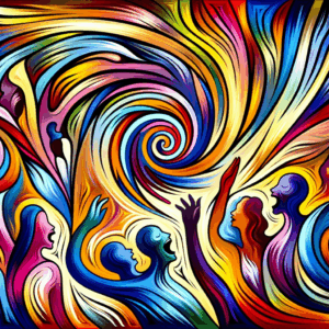 An abstract representation of human figures in a state of euphoria, surrounded by a swirl of colors symbolizing prolonged excitement and intense emotions, with a suggestive and artistic touch, reflecting the concept of 'gooning'.