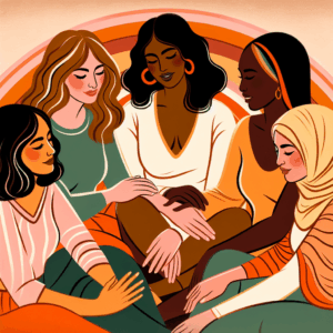 A tasteful and artistic illustration of a diverse group of women, comfortably and confidently exploring intimacy, with emphasis on communication and trust. The image should convey a sense of empowerment and understanding, using warm and inviting colors.