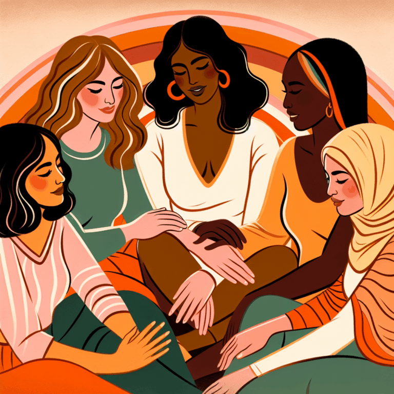 A tasteful and artistic illustration of a diverse group of women, comfortably and confidently exploring intimacy, with emphasis on communication and trust. The image should convey a sense of empowerment and understanding, using warm and inviting colors.