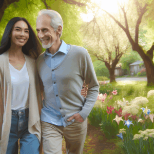 A romantic couple of different ages walking together confidently through a park, looking happy and in love. The background should have blooming flowers and soft sunlight filtering through the trees, symbolizing harmony and understanding between generations.