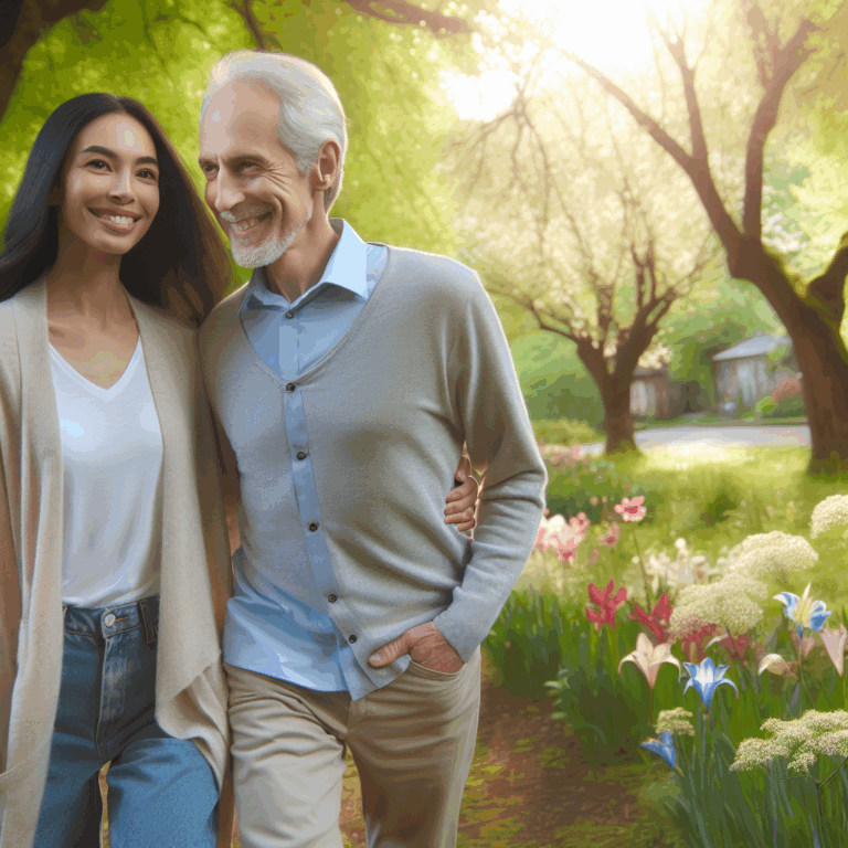 A romantic couple of different ages walking together confidently through a park, looking happy and in love. The background should have blooming flowers and soft sunlight filtering through the trees, symbolizing harmony and understanding between generations.