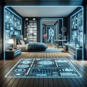 A futuristic and innovative bedroom scene showcasing a variety of advanced and stylish sex toys, including high-tech devices with sleek designs, emphasizing modern pleasure and technology.