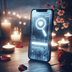 A smartphone displaying the Tinder app, with a subtle magnifying glass overlay representing investigation, in a romantic setting to symbolize relationship scrutiny.