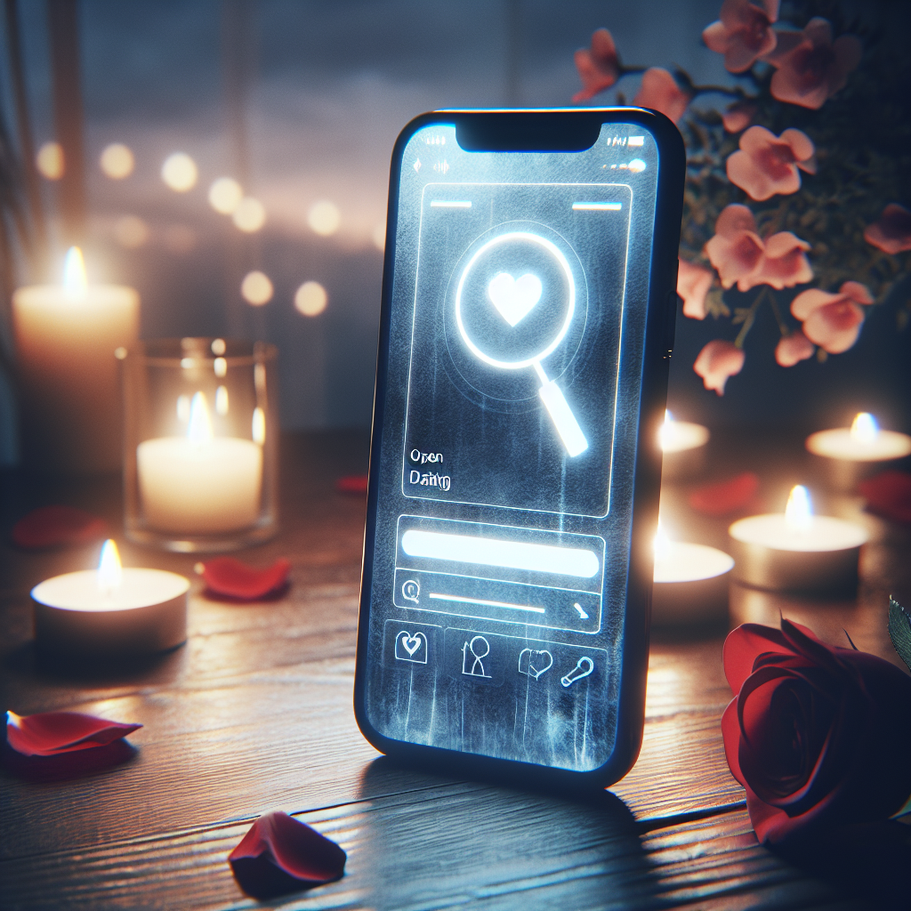 A smartphone displaying the Tinder app, with a subtle magnifying glass overlay representing investigation, in a romantic setting to symbolize relationship scrutiny.