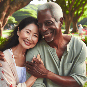 A harmonious couple of different ages enjoying a sunny day in the park, surrounded by nature, showing understanding and love, diverse ethnicities.