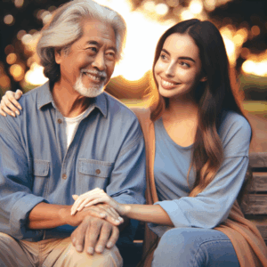 A couple sitting together on a park bench, their hands intertwined. The man is much older with grey hair, and the woman is younger. They both look content and happy, surrounded by a serene park environment under a warm, golden sunset.