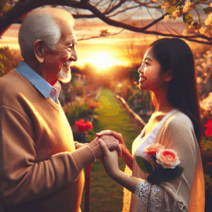 A diverse couple with a significant age difference, appearing happy and connected, surrounded by a supportive environment, symbolizing love across generations.