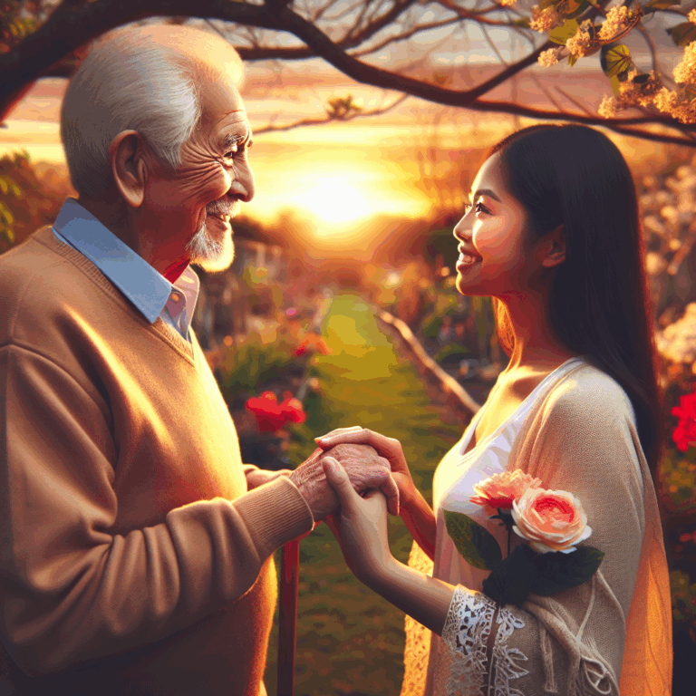 A diverse couple with a significant age difference, appearing happy and connected, surrounded by a supportive environment, symbolizing love across generations.