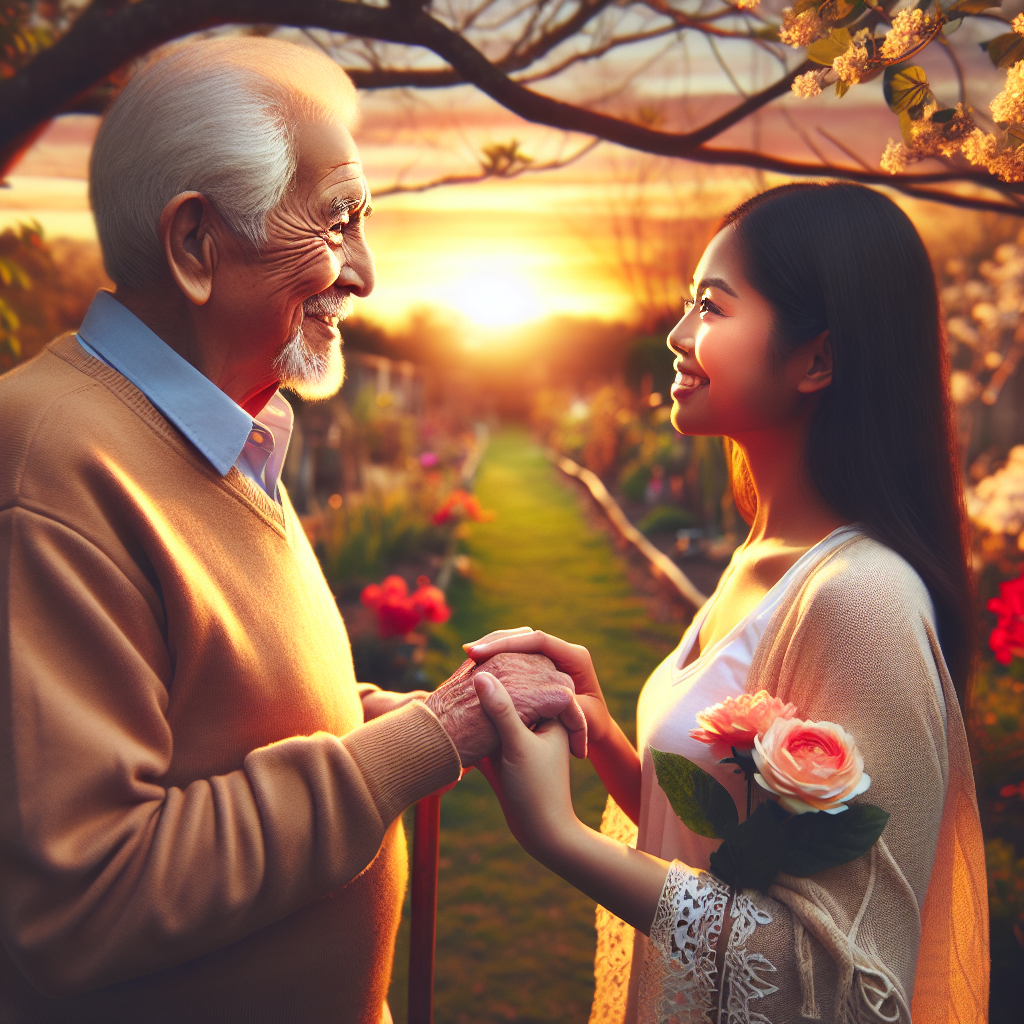 A diverse couple with a significant age difference, appearing happy and connected, surrounded by a supportive environment, symbolizing love across generations.