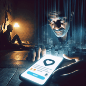 Une personne regardant un smartphone avec une image floutée de Tinder, mettant en scène un contexte de doute et de suspicion dans une ambiance intimiste.