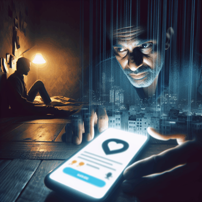 Une personne regardant un smartphone avec une image floutée de Tinder, mettant en scène un contexte de doute et de suspicion dans une ambiance intimiste.