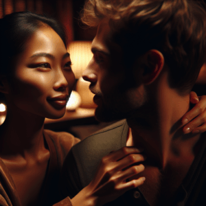 A subtle scene depicting a woman displaying affection towards a man, capturing warm eye contact and gentle touch, in a cozy and intimate atmosphere.