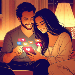 A romantic illustration of a couple using an app together on a smartphone, set in a cozy living room. The couple is seated on a sofa, smiling and engaged, with warm lighting creating an intimate atmosphere. The smartphone screen shows colorful icons and heart symbols, suggesting relationship-themed apps.