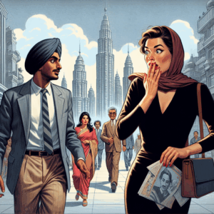 An illustration of a person unexpectedly meeting an ex-partner on a city street, with expressions of surprise and mixed emotions on their faces. The setting is urban, with people walking by and city buildings in the background.