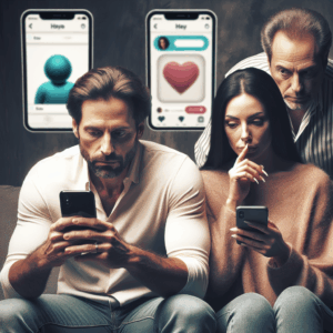 A couple sitting on a couch, each focused on their phone, with an air of suspicion and tension in the room. The background shows a split screen with Tinder and another dating app on display, symbolizing the theme of online infidelity.