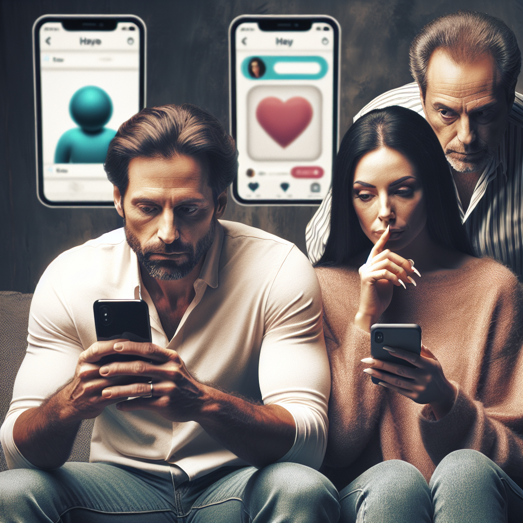 A couple sitting on a couch, each focused on their phone, with an air of suspicion and tension in the room. The background shows a split screen with Tinder and another dating app on display, symbolizing the theme of online infidelity.
