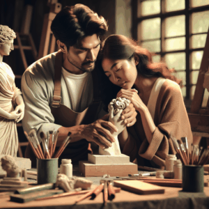 A loving couple sculpting a statue together in a serene, artistic setting. The sculpture symbolizes personal growth and mutual support in a relationship. Renaissance art style, with warm, intimate lighting.