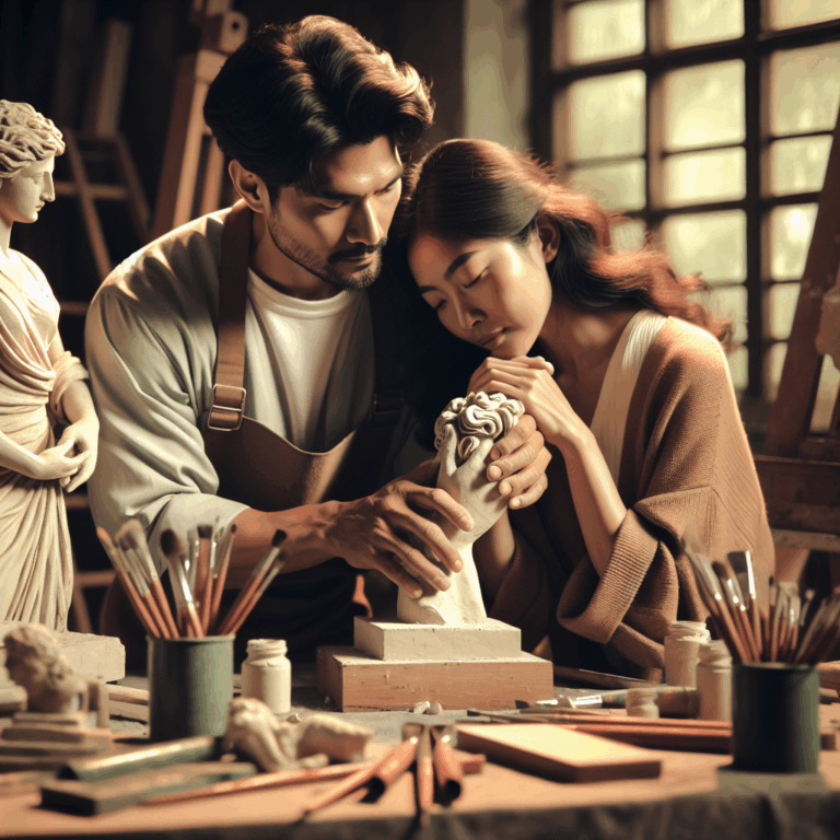 A loving couple sculpting a statue together in a serene, artistic setting. The sculpture symbolizes personal growth and mutual support in a relationship. Renaissance art style, with warm, intimate lighting.